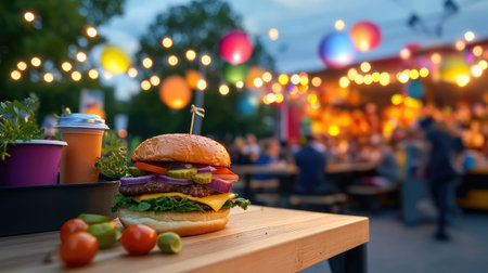 A vibrant outdoor setting features a delicious hamburger topped with fresh vegetables, set against a backdrop of colorful lights and lively atmosphere.の素材