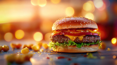 A mouthwatering cheeseburger featuring a juicy beef patty, fresh lettuce, tomatoes, onions, and melted cheese, set against a beautifully blurred backdrop of warm lights, perfect for food lovers and culinary presentations.の素材