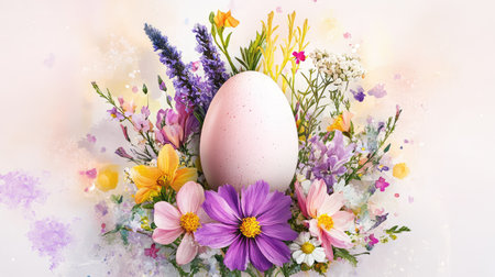 A stunning composition featuring a delicate pink egg nestled among an array of vibrant spring flowers, set against a soft pastel backdrop. Perfect for seasonal celebrations.の素材