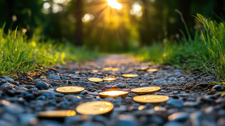 A serene pathway illuminated by sunlight features scattered coins on a gravel surface, inviting exploration and symbolizing wealth amidst lush greenery.の素材