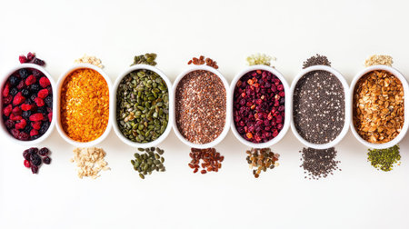 A vibrant display of assorted organic seeds, nuts, dried fruits, and grains arranged artistically on a white background, promoting healthy eating.の素材