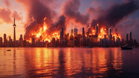 A striking image of a city skyline engulfed in flames, contrasting fiery skies with reflections on the water, evoking feelings of destruction and beauty.の素材