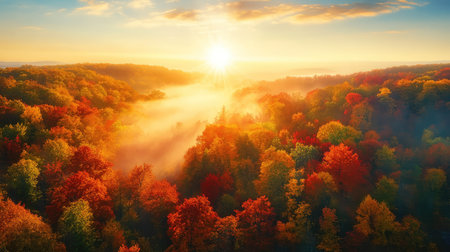Experience the beauty of a serene autumn morning as sunlight filters through a misty forest, illuminating vibrant foliage in stunning colors.の素材