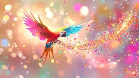 A magnificent parrot soars through the air, surrounded by a mesmerizing burst of colors and sparkling confetti, evoking joy and creativity.の素材