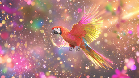 A stunning parrot gracefully soars through a dreamy atmosphere filled with vibrant colors and soft bokeh lights, evoking a sense of freedom and joy.の素材