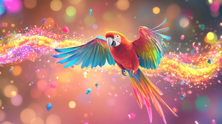 A stunning image of a vibrant macaw flying through a backdrop filled with sparkling lights and dynamic colors, capturing the essence of joy and beauty in nature.の素材