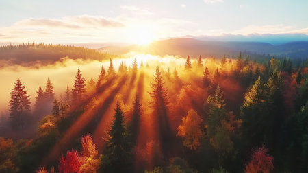 Experience the serenity of a breathtaking sunrise casting golden light through a vibrant forest, with mist enhancing the beauty of autumn foliage.の素材