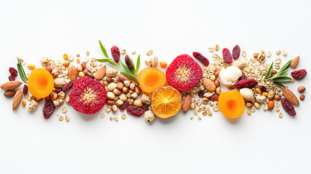 A vibrant arrangement of dried fruits, nuts, and grains displays a variety of textures and colors that emphasize a healthy lifestyle and nutritious snacking.の素材