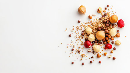 A vibrant assortment of nuts, seeds, and berries arranged on a white surface, ideal for showcasing healthy snacking options and culinary uses.の素材