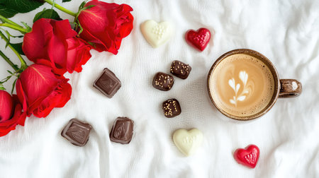 A charming arrangement featuring a warm coffee cup, vibrant red roses, and assorted chocolates on a soft fabric. Perfect for romantic occasions.の素材