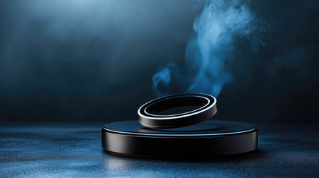This image features a sleek black circular object surrounded by gentle wisps of smoke, resting on a smooth dark surface. Soft lighting enhances the modern and minimalistic design, creating an intriguing atmosphere for various creative projects.の素材