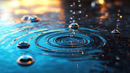 This stunning close-up image captures raindrops falling onto a calm water surface, creating beautiful ripples and soft reflections. Perfect for nature-themed projects.の素材