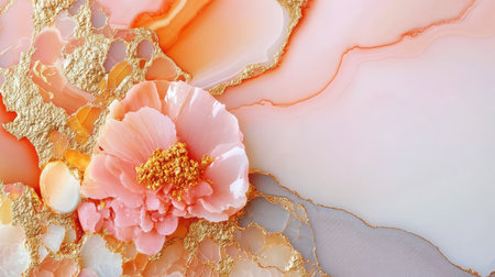 This stunning abstract artwork features a soft pink flower adorned with vibrant golden veins against a delicate marble background, evoking serenity and elegance.の素材
