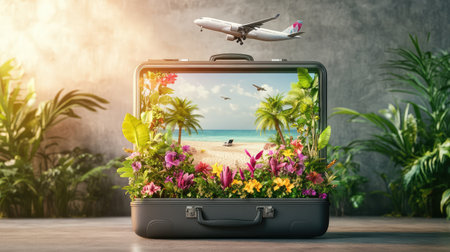 A creative depiction of a suitcase overflowing with vibrant tropical flowers, set against a backdrop of a beach and an airplane soaring above, symbolizing travel and adventure.の素材