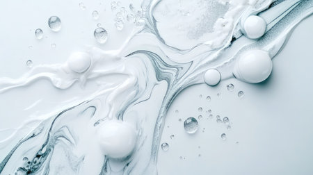 This image features an abstract composition of white paint swirls and droplets on a light background, creating a visually soothing and artistic atmosphere.の素材