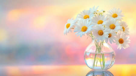 A stunning arrangement of fresh white daisies in a clear glass vase reflecting soft pastel colors. This image captures the beauty of nature and simplicity, perfect for floral decor or a tranquil setting.の素材