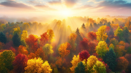 A breathtaking aerial view of a vibrant autumn forest showcasing a rich palette of colors. Sunlight beams filter through trees, creating a serene atmosphere.の素材