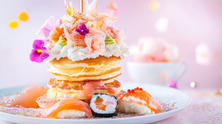 A visually stunning dessert featuring a creative structure of pancakes layered with unique sushi elements adorned with edible flowers, perfect for celebrations.の素材