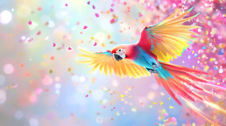 A stunning image of a scarlet macaw soaring through a sea of vibrant colors, surrounded by soft-focus petals, capturing the essence of freedom and beauty.の素材