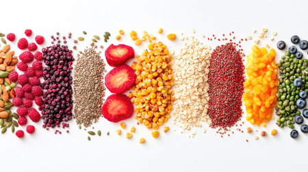 A vibrant and colorful display of fresh fruits, seeds, nuts, and grains arranged on a white background, showcasing health and nutrition. Perfect for promoting healthy eating concepts.の素材