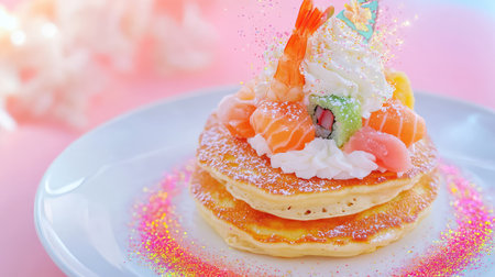 A visually stunning pancake topped with sushi-inspired ingredients, whipped cream, and decorative elements on a vibrant background ideal for food lovers and dessert enthusiasts.の素材
