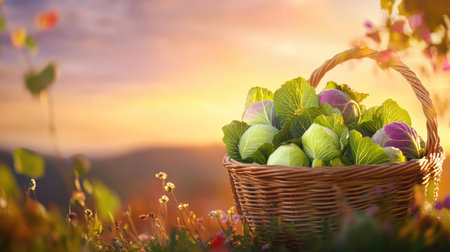 A rustic woven basket filled with freshly harvested cabbage sits against a stunning sunset backdrop, surrounded by vibrant flowers and lush landscape.の素材