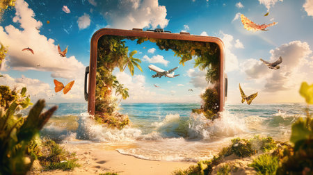 A whimsical travel scene featuring a vintage suitcase opening to reveal a vibrant beach environment filled with butterflies, an airplane, and lush nature.の素材
