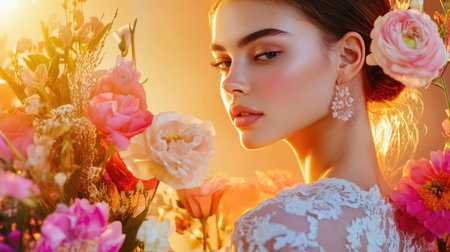 A stunning portrait of a woman surrounded by vibrant flowers, featuring soft lighting and elegant makeup, capturing beauty, femininity, and romance in art.の素材