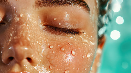 This close-up image captures a woman's serene face adorned with glistening water droplets, showcasing natural beauty and relaxation in a pool setting.の素材