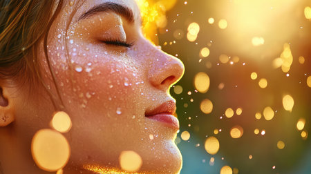 A serene close-up portrait of a woman with water drops on her face, illuminated by sunlight and surrounded by beautiful bokeh, capturing a moment of tranquility.の素材