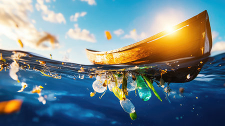 This striking image showcases a wooden boat floating on water, revealing an underwater scene filled with plastic waste and debris, highlighting environmental issues.の素材