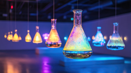 A stunning collection of colorful glass flasks illuminated by vibrant lights creates an enchanting atmosphere within a modern laboratory space.の素材