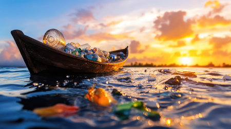 A serene sunset scene captures a canoe filled with plastic waste, highlighting the urgent need for environmental awareness and ocean conservation.の素材