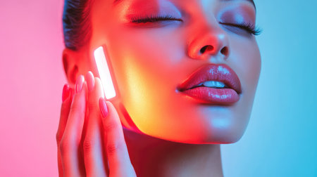 A young woman is enjoying a skin treatment with glowing light technology, surrounded by vibrant colors. The serene atmosphere highlights beauty and wellness.の素材
