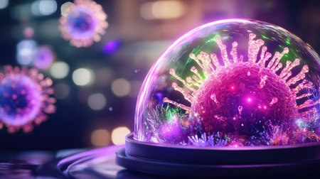 A stunning visualization of virus particles encapsulated in a glass dome, featuring colorful light effects and a soft bokeh background, ideal for scientific themes.の素材