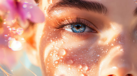 This stunning close-up captures the beauty of a young woman's eye adorned with water droplets and soft flower petals, conveying freshness and elegance.の素材