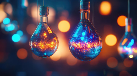 This enchanting image features beautifully designed hanging light bulbs filled with swirling colors, creating a mesmerizing, magical ambiance, perfect for various creative projects.の素材