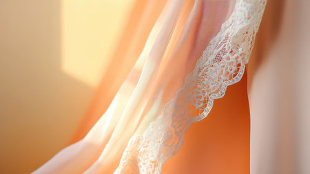 This artistic image features a delicate sheer fabric adorned with intricate lace trim, illuminated by warm light, creating a dreamy ambiance in any space.の素材