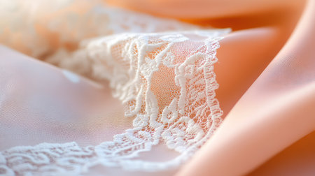 A close-up view of a delicate lace overlay on soft coral fabric, showcasing intricate details and textures ideal for fashion designs or home decor.の素材