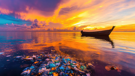 This striking image captures a serene sunset over calm waters, featuring a lone boat and plastic waste, emphasizing the stark contrast of beauty and pollution.の素材