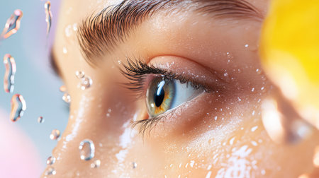 This stunning close-up captures the intricate details of a woman's eye adorned with glistening water drops, showcasing vibrant colors and textures.の素材