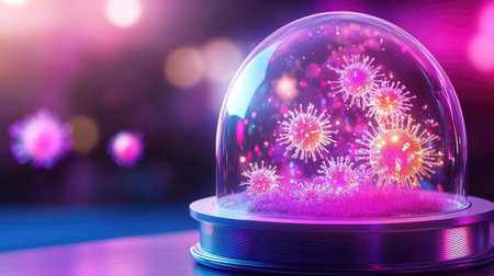 A vibrant and colorful depiction of virus particles encapsulated in a glass dome, set against a striking background that highlights scientific innovation.の素材