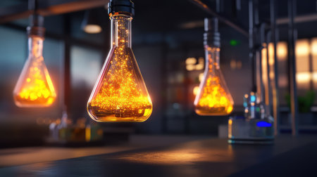 Captivating laboratory scene featuring flasks filled with glowing liquid, creating an engaging atmosphere that sparks curiosity and innovation in science.の素材