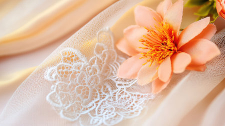A beautiful closeup of a delicate lace detail alongside a soft flower resting on elegant fabric. This image embodies romance and artistry, perfect for decor.の素材