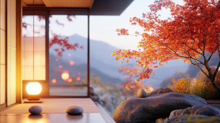 A tranquil scene showcasing a Japanese garden in autumn with vibrant orange foliage, soft lighting, and natural stones, perfect for relaxation and inspiration.の素材