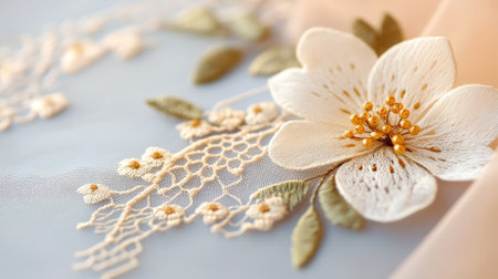 This image features an exquisite delicate embroidery showcasing a beautiful white flower with intricate lace details on soft fabric. Ideal for creative projects.の素材