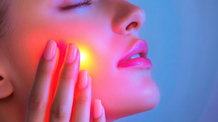 A close-up portrait of a woman gently touching her glowing skin with colorful lights reflecting beauty and skincare treatments for a radiant appearance.の素材