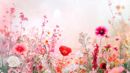 A stunning floral landscape featuring a variety of vibrant pink and red flowers. This image showcases the beauty of nature in a soft, dreamy background filled with delicate blossoms. Perfect for evoking feelings of tranquility.の素材