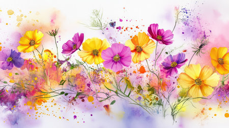 A stunning arrangement of vibrant cosmos flowers in purple, pink, and yellow hues, artistically mixed with abstract watercolor splashes, creating a fresh, cheerful ambiance.の素材