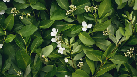 A captivating arrangement of lush green leaves intermixed with delicate white flowers, ideal for conveying themes of nature, serenity, and beauty.の素材